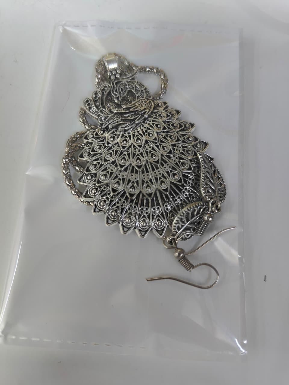 Oxidized Peacock Style Pendant Chain with Earrings for Women