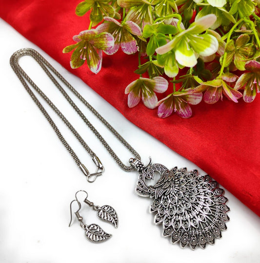 Oxidized Peacock Style Pendant Chain with Earrings for Women