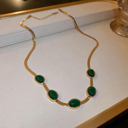 Oval Green Crystal Pendant Necklace Set with Bracelet for Women